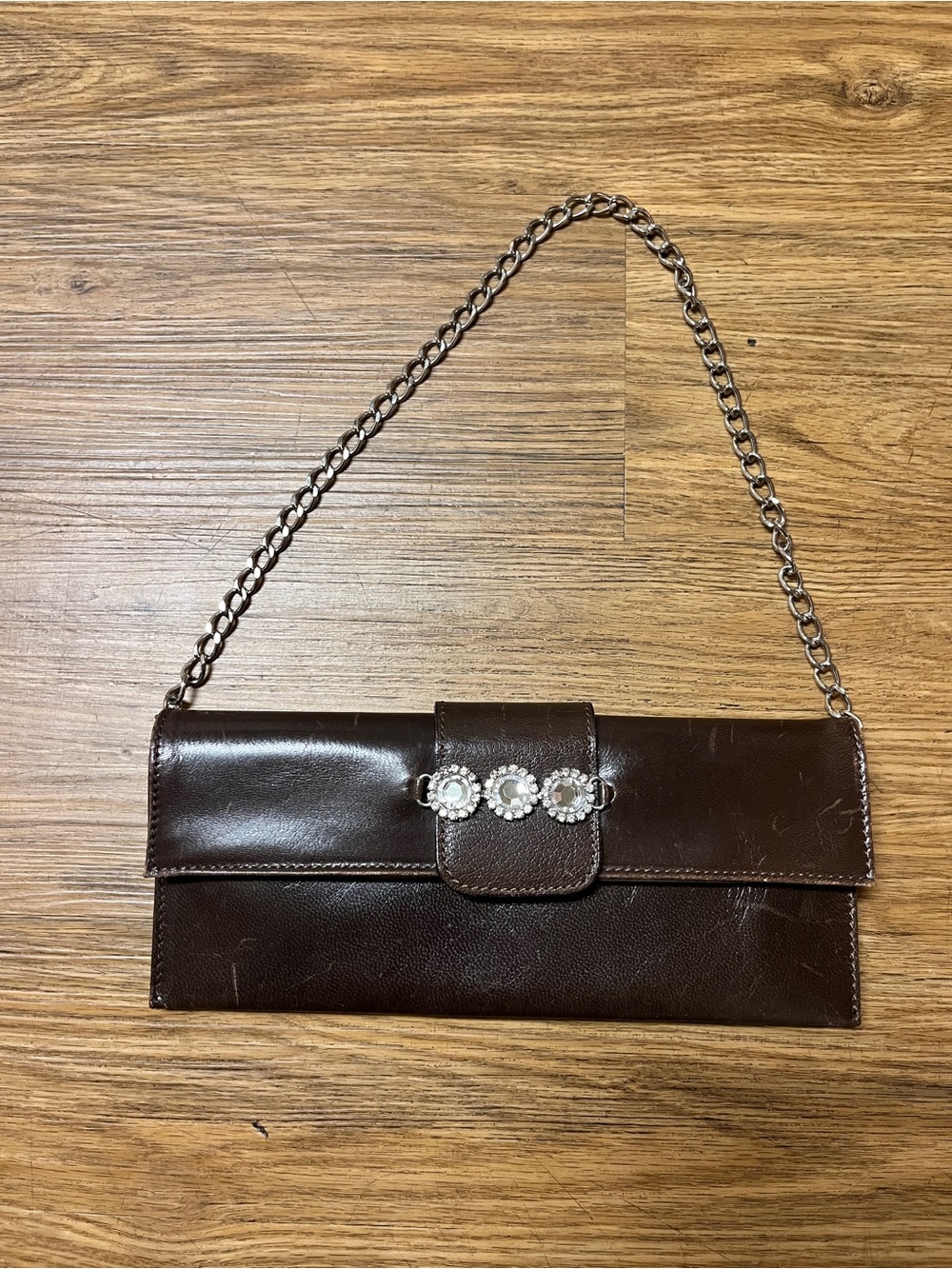 Vintage Y2K Brown Italian Leather Evening Clutch Shoulder Bag Chain Minimalist